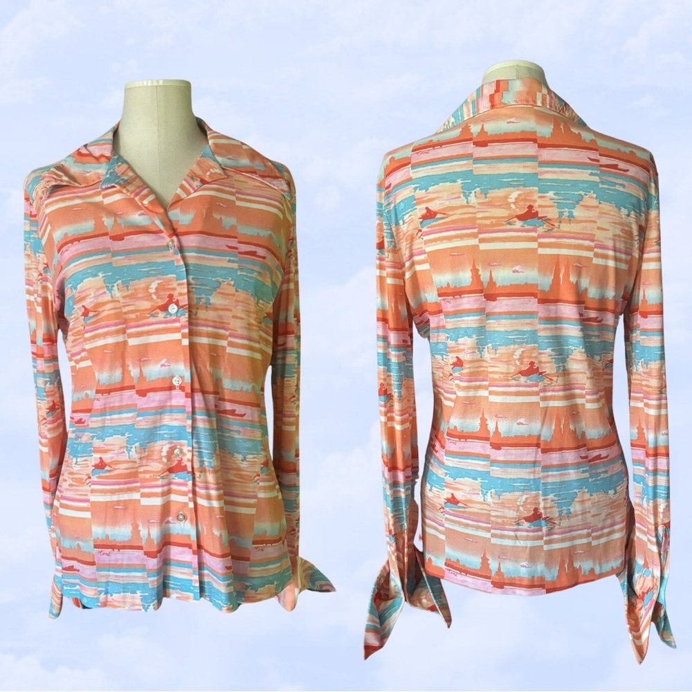 VINTAGE✨ Canoe Print 70s Blouse Pastel Longsleeve Button Down Medium